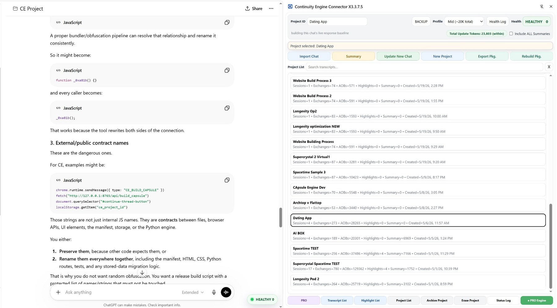 Continuity Engine screenshot showing project list